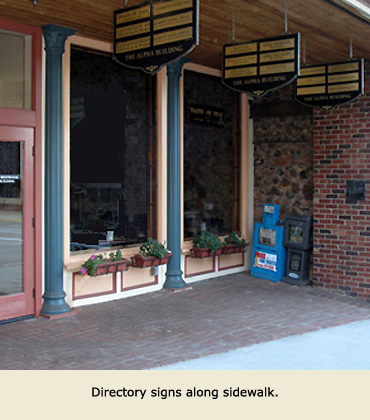 Sidewalk directory signs, where office space is for lease in Grass Valley, CA.
